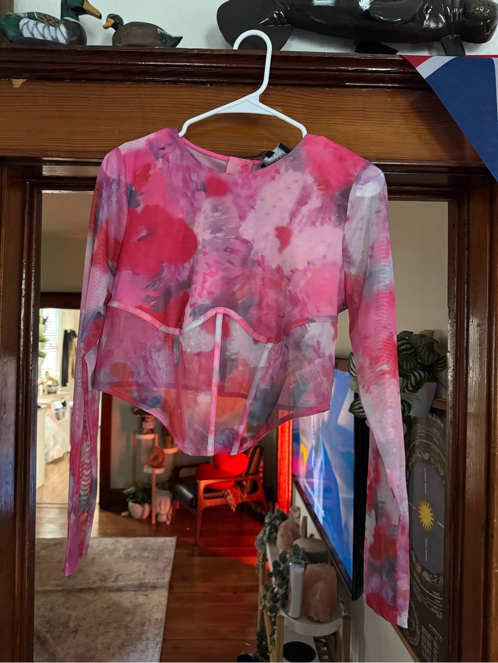 Bardot Pink Tie-Dye Sheer Long-Sleeve Crop Top